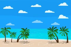 Paisaje azul panorámico hermoso del mar: océano tranquilo, palmeras, nubes, costa costa de la arena, ejemplo del vector de tropic ilustración del vector Paisaje azul panorámico hermoso del mar: océano tranquilo, palmeras, nubes, costa costa de la arena, ejemplo del vector de tropic ilustración del vector