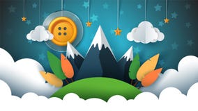 Paisaje de papel de la historieta Botón de costura, sol, estrella, nube, cielo, montaña, viaje ilustración del vector Paisaje de papel de la historieta Botón de costura, sol, estrella, nube, cielo, montaña, viaje ilustración del vector