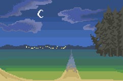 Paisaje del campo de la noche, arte del pixel stock de ilustración Paisaje del campo de la noche, arte del pixel stock de ilustración