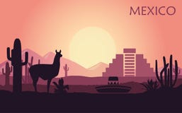 Paisaje estilizado de México con una llama, cactus y una pirámide antigua ilustración del vector Paisaje estilizado de México con una llama, cactus y una pirámide antigua ilustración del vector