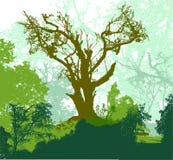 Paisaje panorámico del bosque con el árbol grande, las plantas verdes y las ramas en fondo stock de ilustración Paisaje panorámico del bosque con el árbol grande, las plantas verdes y las ramas en fondo stock de ilustración