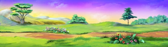 Paisaje rural con una trayectoria contra Violet Sky stock de ilustración Paisaje rural con una trayectoria contra Violet Sky stock de ilustración