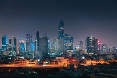 Paisaje urbano de la ciudad de Bangkok, Tailandia, escena de la noche fotos de archivo libres de regalías Paisaje urbano de la ciudad de Bangkok, Tailandia, escena de la noche fotos de archivo libres de regalías