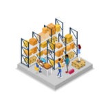 Pakhuisbinnenland met arbeiders isometrisch 3D pictogram stock illustratie Pakhuisbinnenland met arbeiders isometrisch 3D pictogram stock illustratie