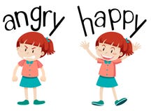 Palabras opuestas para enojado y feliz stock de ilustración Palabras opuestas para enojado y feliz stock de ilustración