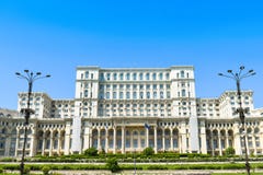 The Palace of the Parliament or People`s House, Bucharest, Romania. Night view from the Central Square. The Palace was ordered b stock photography The Palace of the Parliament or People`s House, Bucharest, Romania. Night view from the Central Square. The Palace was ordered b stock photography