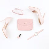 Pale Pink Female Shoes And Fashion Accessories On White Background. Fashion Blogger Concept Flat Lay. Stock Photo
