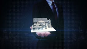Palme aperte dell'uomo d'affari, bene immobile, segno esaurito costruito della casa stock footage Palme aperte dell'uomo d'affari, bene immobile, segno esaurito costruito della casa stock footage