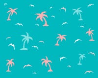 Palmeiras e gaivotas em um fundo azul ilustração royalty free Palmeiras e gaivotas em um fundo azul ilustração royalty free