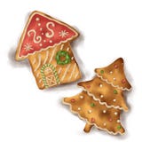 Pan di zenzero sulla casa isolata fondo bianco ed albero di Natale con ombra illustrazione di stock Pan di zenzero sulla casa isolata fondo bianco ed albero di Natale con ombra illustrazione di stock