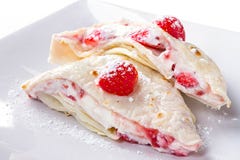 Pancakes with mascarpone cheese and strawberries royalty free stock photos Pancakes with mascarpone cheese and strawberries royalty free stock photos