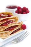 Pancakes with raspberry jam & fresh raspberries stock photos Pancakes with raspberry jam & fresh raspberries stock photos