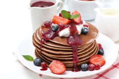 Pancakes With Cream And Berries For Breakfast Stock Photos