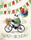 panda on the bicycle with balloons, holiday card, watercolor birthday illustration