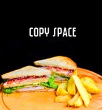 Panino con le patate al forno su un bordo di legno Copi lo spazio immagini stock libere da diritti Panino con le patate al forno su un bordo di legno Copi lo spazio immagini stock libere da diritti