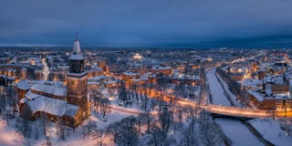 City skyline at winter night in Turku, Finland