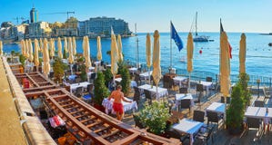 Panorama of the coastal restaurant in St Julian`s, Malta royalty free stock photo Panorama of the coastal restaurant in St Julian`s, Malta royalty free stock photo