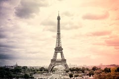 Panorama Eiffel Tower in Paris in the colors of the French national flag. Vintage. Tour Eiffel old retro style. royalty free stock images Panorama Eiffel Tower in Paris in the colors of the French national flag. Vintage. Tour Eiffel old retro style. royalty free stock images