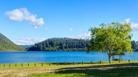 Panorama of Lake Tikitapu, or the Blue Lake, near Rotorua, New Zealand stock photo Panorama of Lake Tikitapu, or the Blue Lake, near Rotorua, New Zealand stock photo
