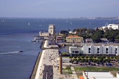 Panorama of Lisbon Portugal Belem tower lighthouse Tagus river yacht fortress Royalty Free Stock Photography Panorama of Lisbon Portugal Belem tower lighthouse Tagus river yacht fortress Royalty Free Stock Photography