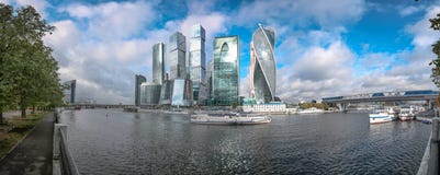 Panorama of river ships and Moscow City - International Business Center, view from the embankment of the Moskva-river