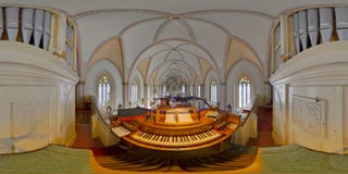 Panorama sphérique de l'organe de tuyau de l'église de St Peter, Cluj-Napoca, Roumanie photographie stock Panorama sphérique de l'organe de tuyau de l'église de St Peter, Cluj-Napoca, Roumanie photographie stock