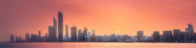 Panorama view of Abu Dhabi Skyline at sunset, UAE royalty free stock photography Panorama view of Abu Dhabi Skyline at sunset, UAE royalty free stock photography