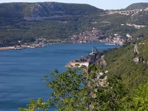 Panoramic view at Bakar bay in Croatia and old town with houses and red roofs stock photo Panoramic view at Bakar bay in Croatia and old town with houses and red roofs stock photo