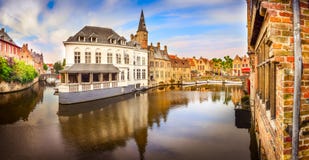 Panoramic View Of Famous Water Canal In Bruges Stock Image Panoramic View Of Famous Water Canal In Bruges Stock Image