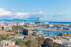 Panoramic view of the port and part of the city of Barcelona royalty free stock photography Panoramic view of the port and part of the city of Barcelona royalty free stock photography