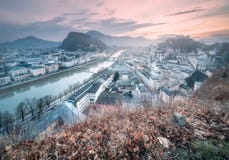 Panoramic view of Salzburg at winter morning Stock Image Panoramic view of Salzburg at winter morning Stock Image