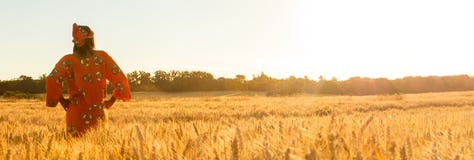 Panoramicznego sieć sztandaru Afrykańska kobieta w tradycyjnej odzieżowej pozycji z jej rękami na jej biodrach w polu jęczmienne obraz stock Panoramicznego sieć sztandaru Afrykańska kobieta w tradycyjnej odzieżowej pozycji z jej rękami na jej biodrach w polu jęczmienne obraz stock