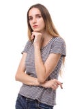 Pantalones cortos del womanin y camiseta bastante jovenes del stripet imagen de archivo libre de regalías Pantalones cortos del womanin y camiseta bastante jovenes del stripet imagen de archivo libre de regalías