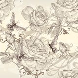 Papel pintado inconsútil del vector hermoso con las rosas en estilo del vintage ilustración del vector Papel pintado inconsútil del vector hermoso con las rosas en estilo del vintage ilustración del vector