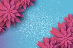 Paper cut Pink Floral Greeting card. Origami flower. Space for Text. Spring blossom. Seasonal holiday on sky blue stock illustration Paper cut Pink Floral Greeting card. Origami flower. Space for Text. Spring blossom. Seasonal holiday on sky blue stock illustration