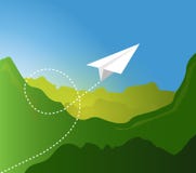 Paper plane flying pattern over green mountain landscape. Royalty Free Stock Photography Paper plane flying pattern over green mountain landscape. Royalty Free Stock Photography
