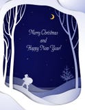 Paper winter forest night landscape card with Santa and Christmas tree , paper winter fairytale background with going Santa and royalty free illustration Paper winter forest night landscape card with Santa and Christmas tree , paper winter fairytale background with going Santa and royalty free illustration