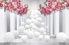 papier peint 3D, tunnel d'architecture avec les orchidées roses et sphères illustration libre de droits papier peint 3D, tunnel d'architecture avec les orchidées roses et sphères illustration libre de droits