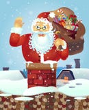 Papá Noel en el tejado con un bolso de regalos y de la mano que agita Bandera del cartel de la tarjeta de Navidad Ilustración del Fotos de archivo Papá Noel en el tejado con un bolso de regalos y de la mano que agita Bandera del cartel de la tarjeta de Navidad Ilustración del Fotos de archivo
