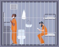 Par av män i fängelse, arrest eller interneringsanstaltrum Två fångar eller brottslingraka och läsebok i cell manlig royaltyfri illustrationer Par av män i fängelse, arrest eller interneringsanstaltrum Två fångar eller brottslingraka och läsebok i cell manlig royaltyfri illustrationer