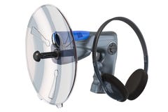 Parabolic microphone with headphones, 3D rendering vector illustration Parabolic microphone with headphones, 3D rendering vector illustration