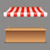 Parada vacía del mercado Tienda de madera con el toldo rayado rojo y blanco en fondo transparente ilustración del vector Parada vacía del mercado Tienda de madera con el toldo rayado rojo y blanco en fondo transparente ilustración del vector