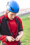Paraglider or skydiver in red uniform and helmet royalty free stock photography Paraglider or skydiver in red uniform and helmet royalty free stock photography