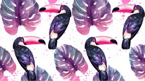 Paraíso tropical con vector del fondo de los loros y de las hojas de palma de la acuarela Colores de moda ultravioletas libre illustration Paraíso tropical con vector del fondo de los loros y de las hojas de palma de la acuarela Colores de moda ultravioletas libre illustration