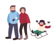 Parents drawing sled with their son. Mother, father and child having fun outdoors together. Winter leisure activity vector illustration Parents drawing sled with their son. Mother, father and child having fun outdoors together. Winter leisure activity vector illustration