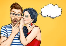 Pares del chisme Hombre sorprendente y mujer que hablan algo Conversación de la gente del arte pop ilustración del vector Pares del chisme Hombre sorprendente y mujer que hablan algo Conversación de la gente del arte pop ilustración del vector