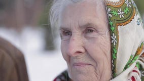 Pares mayores que se relajan en invierno en el parque Abuelo feliz y abuela que caminan junto almacen de video Pares mayores que se relajan en invierno en el parque Abuelo feliz y abuela que caminan junto almacen de video