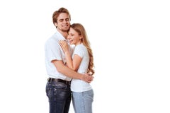 Pares novos bonitos na roupa ocasional que flerta fotografia de stock Pares novos bonitos na roupa ocasional que flerta fotografia de stock