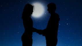 Pares románticos que llevan a cabo las manos y que se besan debajo del cielo nocturno estrellado, relaciones almacen de metraje de vídeo Pares románticos que llevan a cabo las manos y que se besan debajo del cielo nocturno estrellado, relaciones almacen de metraje de vídeo