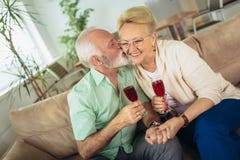 Pares superiores que movem-se na casa nova que sorri em se e para beber o vinho foto de stock Pares superiores que movem-se na casa nova que sorri em se e para beber o vinho foto de stock